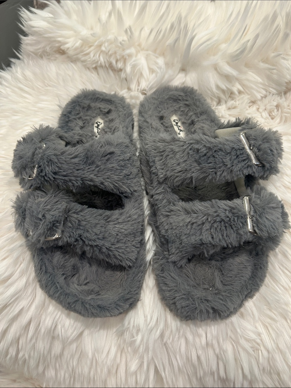 Qupid Gray Furry Double-Band Slide Slippers